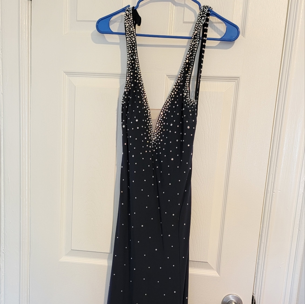 Morgan & Co navy blue rhinestone dress